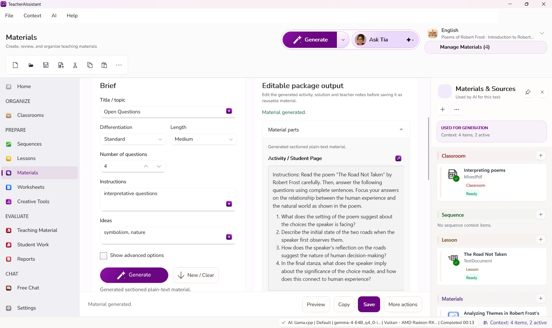 TeacherAIssistant Materials Builder showing a task brief, editable questions about Robert Frost and the sources used for generation.